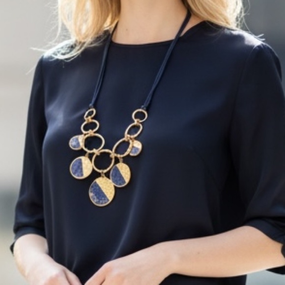 Statement Gold and Navy Disc Bib Necklace (BR1212/1)